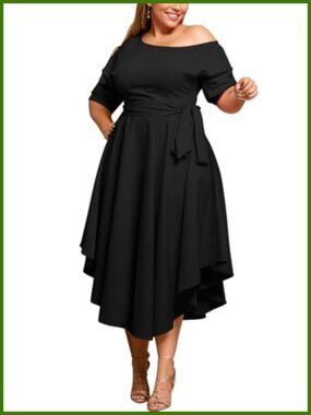 Plus Size Midi Dress Off Shoulder Boat Neck Hi Low Wedding Guest